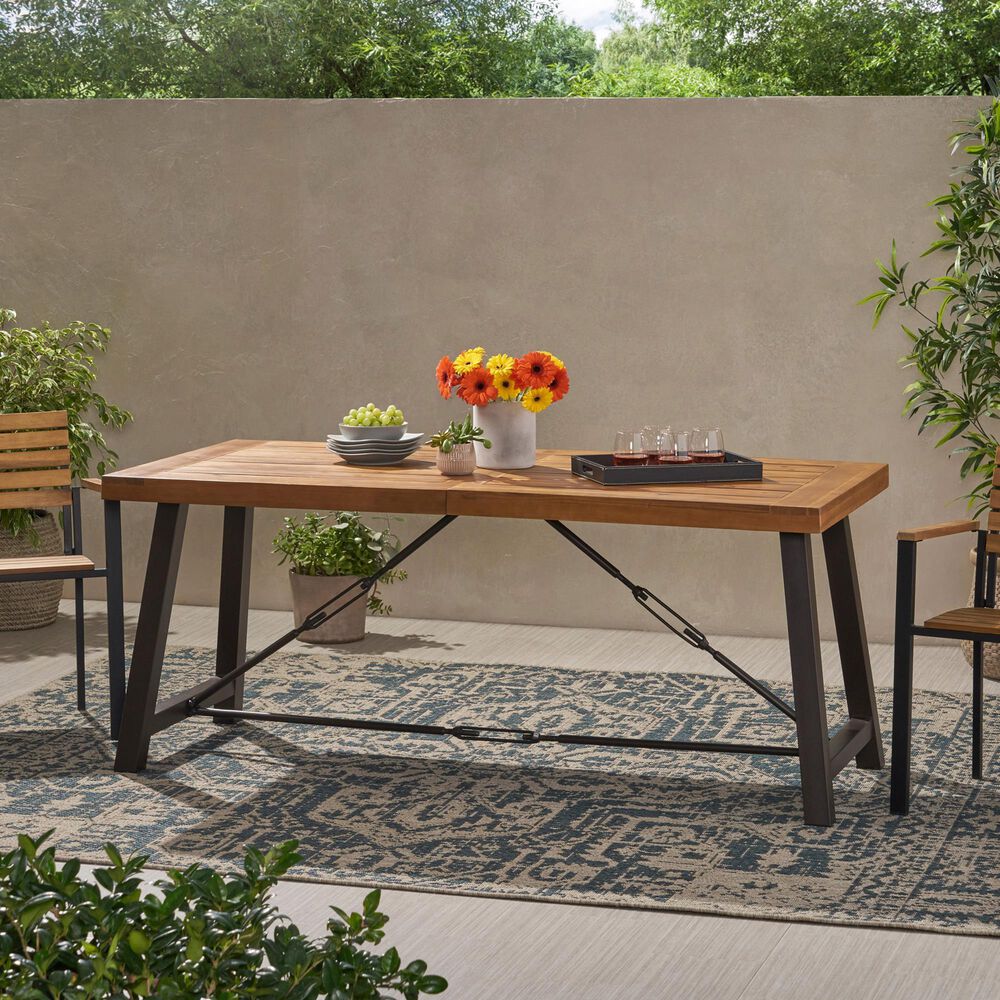 Hearth and Haven Outdoor Acacia Wood Metal Base Dining Table in Teak, , large
