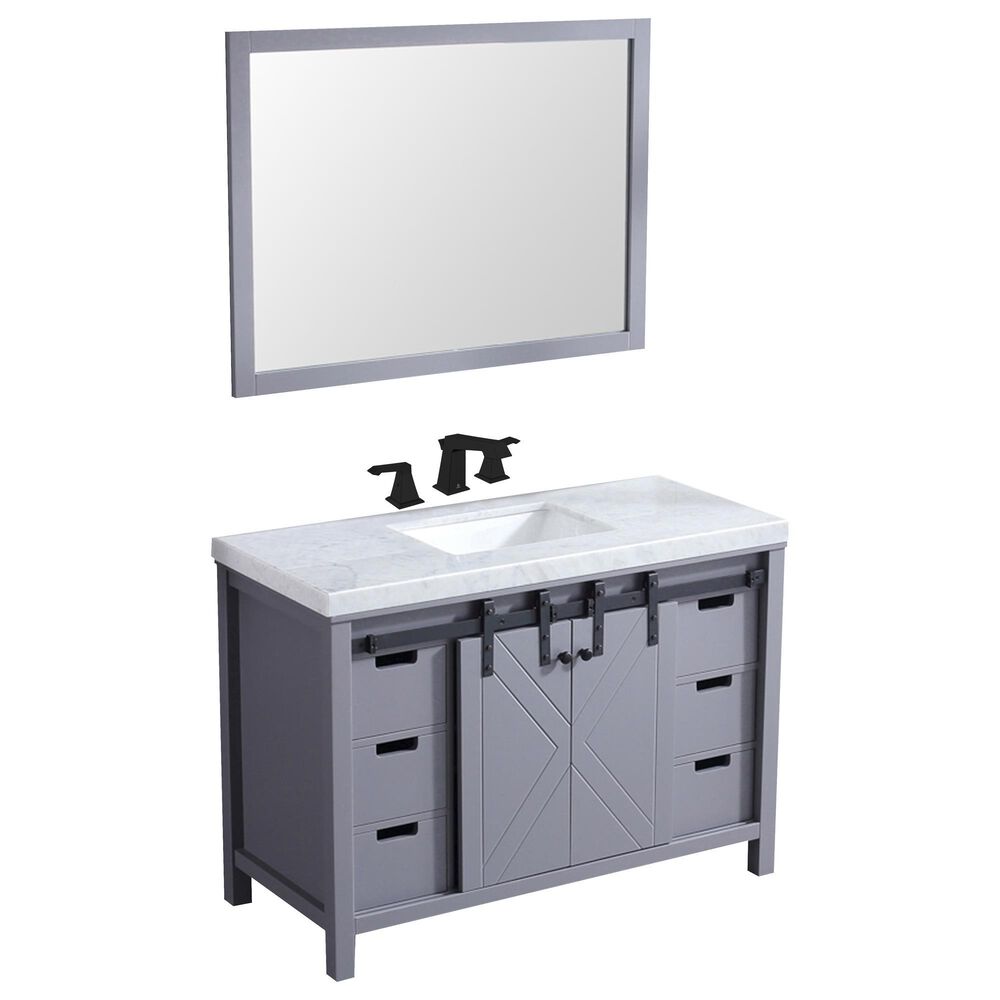 Lexora Home Marsyas 48" Single Bathroom Vanity in Dark Grey with White Carrara Marble Top, Rectangle Sink, Matte Black Faucet and Mirror, , large