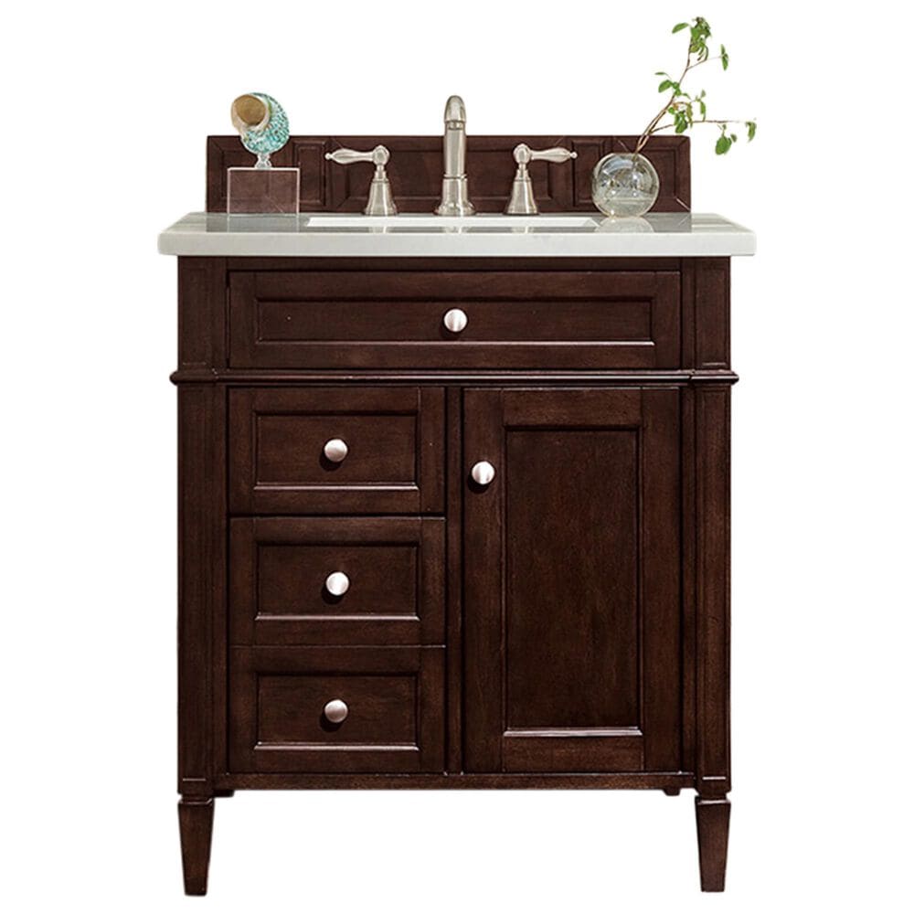 James Martin Vanities Brittany 30" Single Bathroom Vanity in Burnished Mahogany with 3 cm Carrara White Marble Top and Rectangle Sink, , large