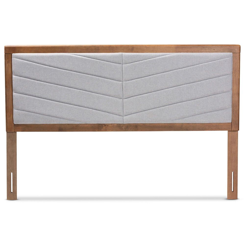 Baxton Studio Iden King Panel Headboard with Light Grey Fabric in Walnut Brown, , large