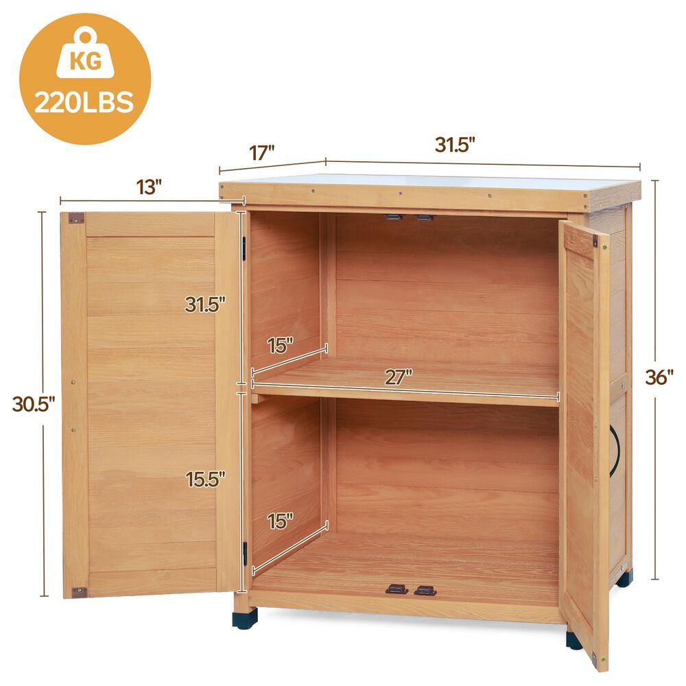 Hearth and Haven Outdoor Wooden Storage Cabinet with Metal Top and Adjustable Protective Footpad in Light Brown, , large