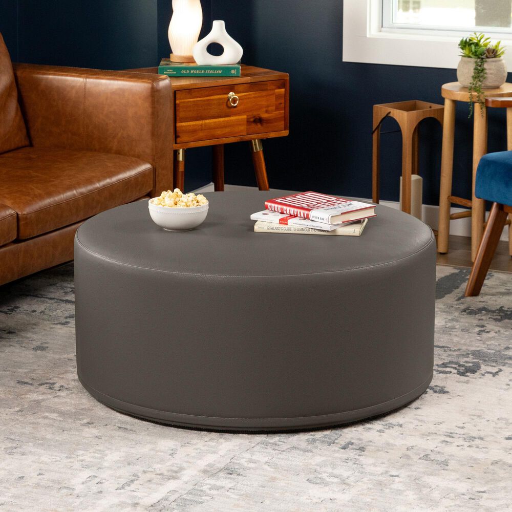 Jaxx Candler Faux Leather Ottoman in Gunmetal, , large