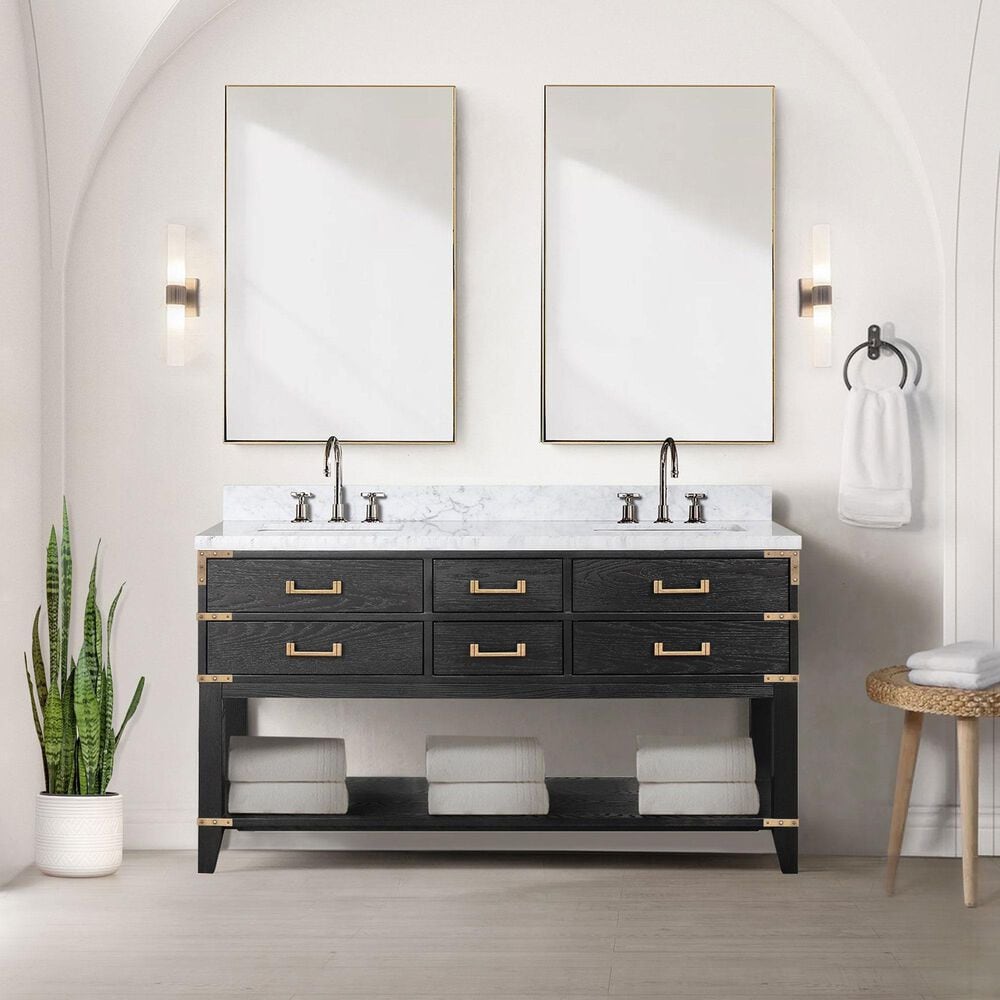 Lexora Home Norwalk 60&quot; Double Bathroom Vanity in Black Oak with White Carrara Marble Top and Rectangular Sinks, , large