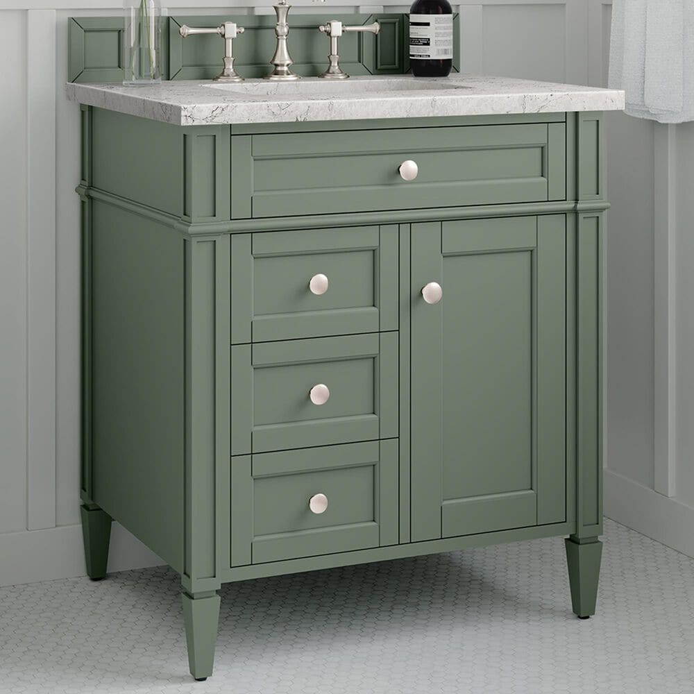 James Martin Vanities Brittany 30&quot; Single Bathroom Vanity in Smokey Celadon with 3 cm Eternal Jasmine Pearl Quartz Top and Rectangular Sink, , large