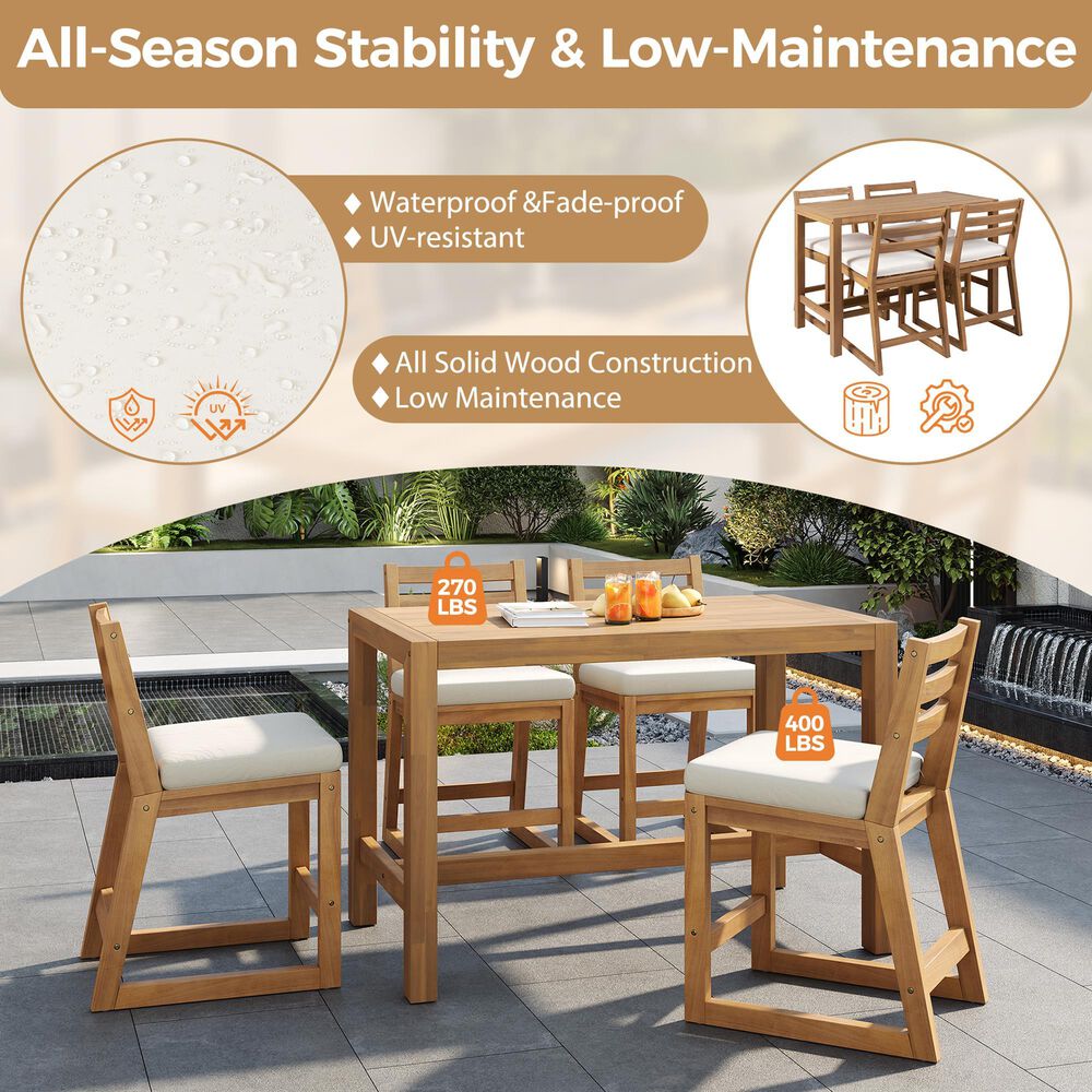 HOMLUX 5-Piece Patio Bar Set with 52" Rectangular Light Teak Table in Beige, , large