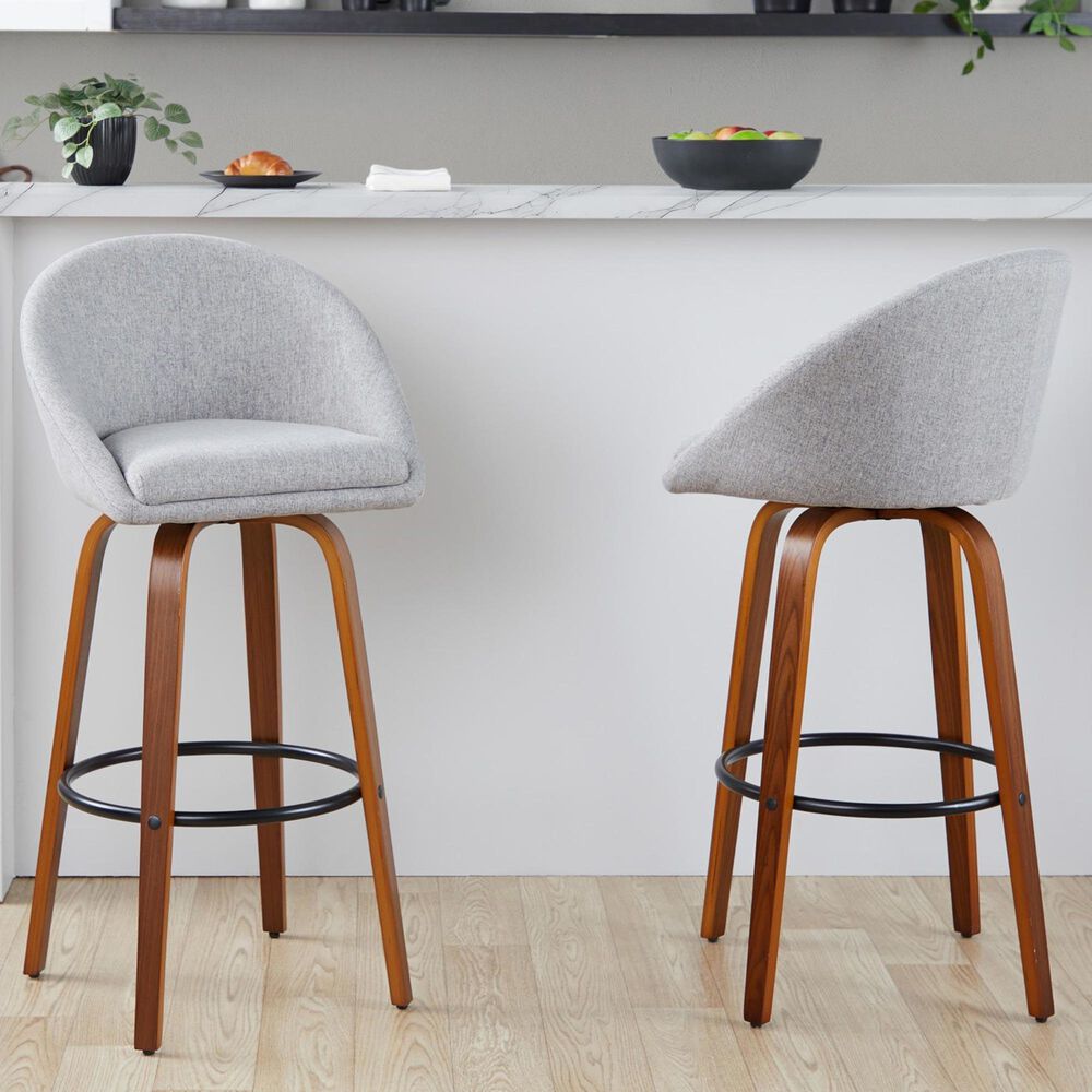 LumiSource Matisse 30" Swivel Barstool with Grey Fabric Upholstery in Walnut and Black (Set of 2), , large