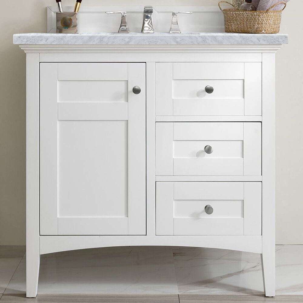 James Martin Vanities Palisades 36&quot; Single Bathroom Vanity in Bright White with 3 cm Carrara White Marble Top and Rectangular Sink, , large