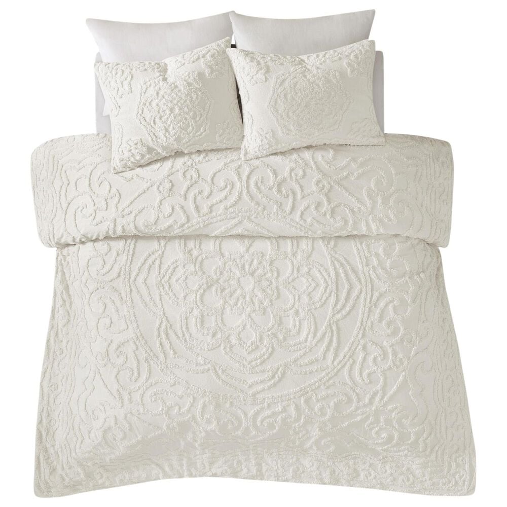 Hampton Park Laetitia 3-Piece Full/Queen Tufted Cotton Chenille Medallion Comforter Set in Off-White, , large