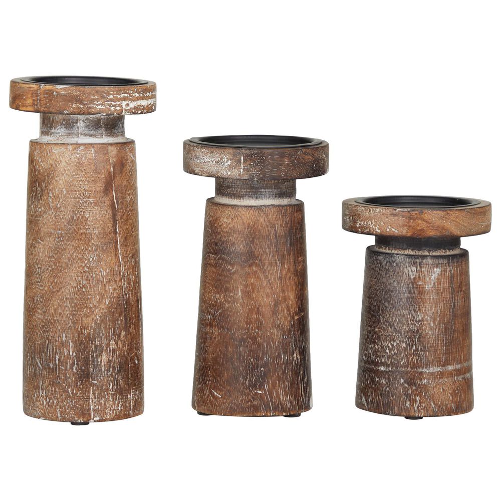 Maple and Jade Wood Candleholder in Mocha Brown and Whitewash (Set of 3), , large