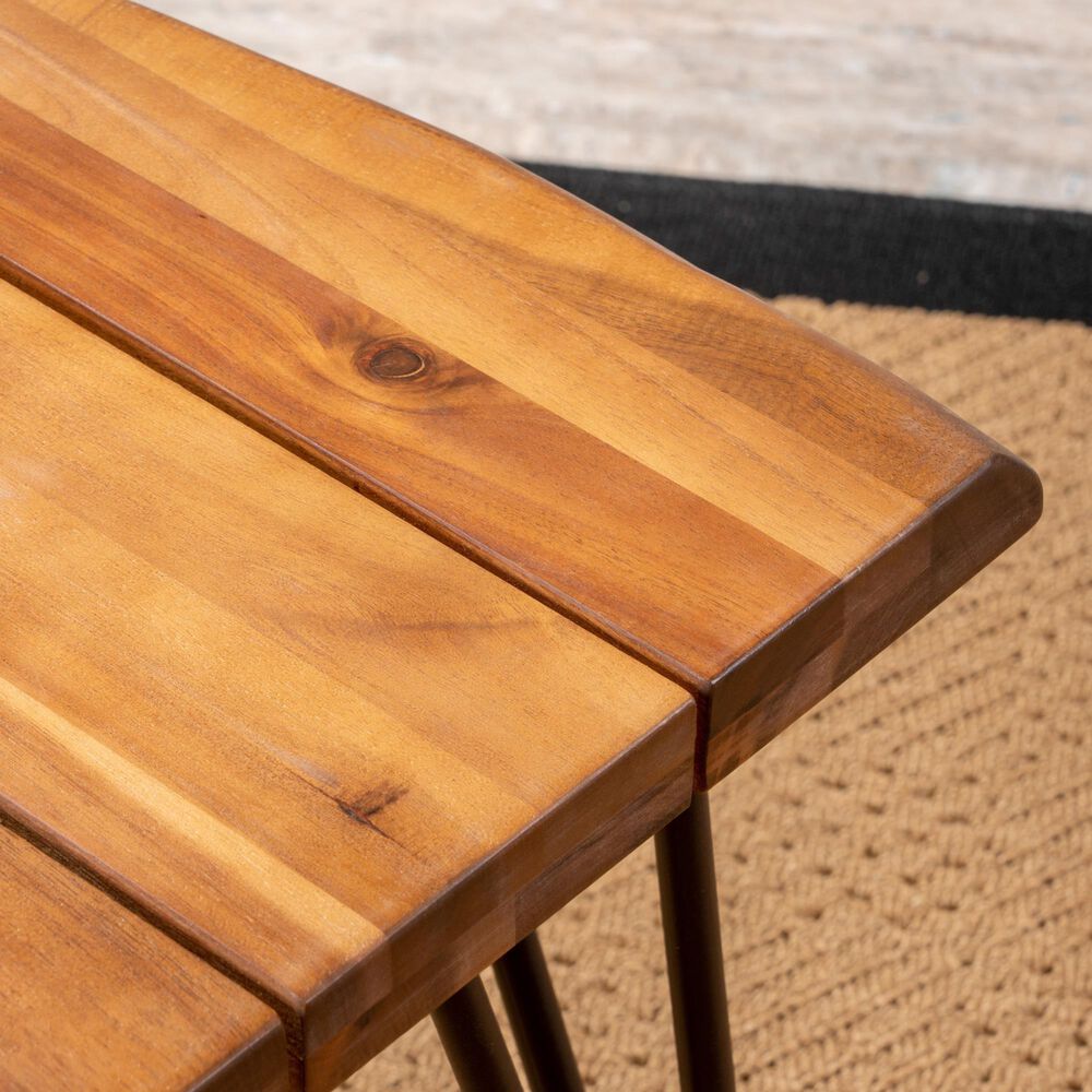 Hearth and Haven Zion 3-Piece Outdoor Coffee Table and Accent Table Set with Metal Hairpin Legs in Teak, , large