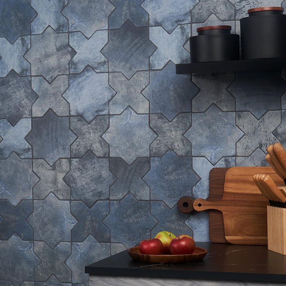 Soho Studio Malta Denim Blue Star and Cross 6" x 6" Porcelain Tile Kit, , large