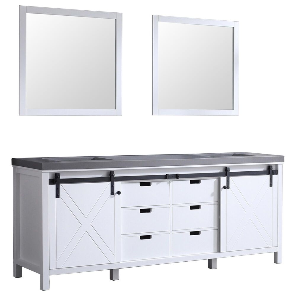 Lexora Home Marsyas 84" Double Bathroom Vanity in White with Grey Quartz Top, Rectangle Sinks and Mirrors, , large