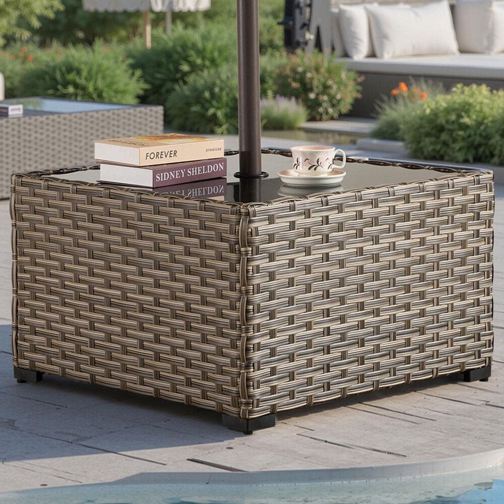 HOMLUX Outdoor Wicker Square Coffee Table with Umbrella Hole in Brown, , large
