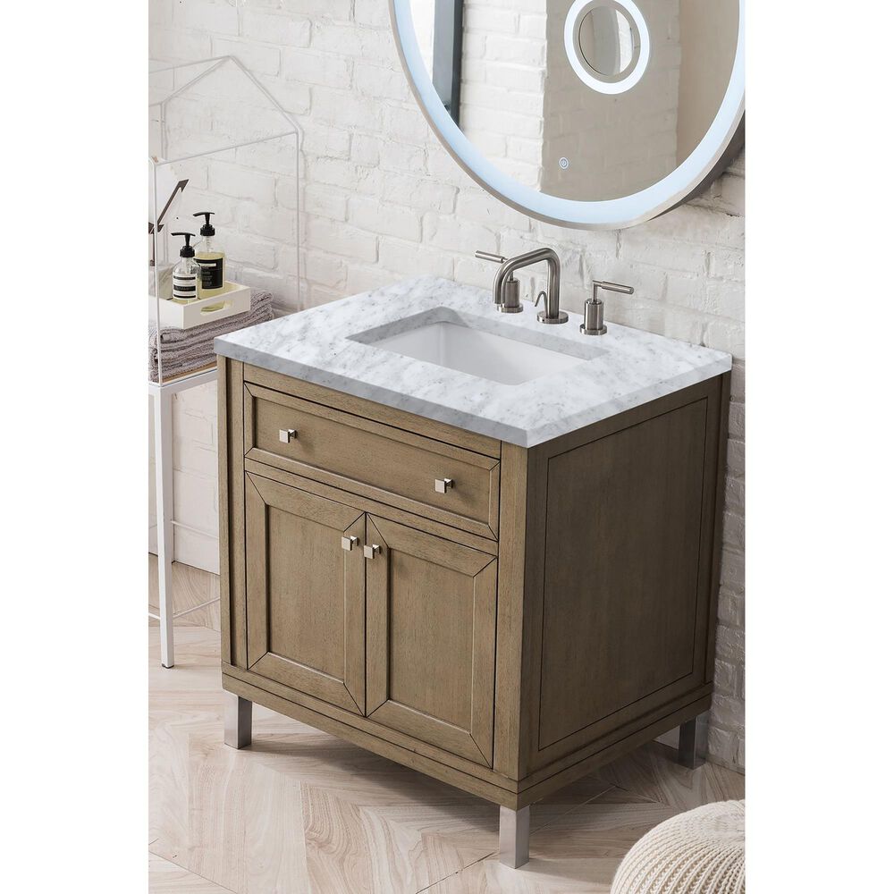 James Martin Vanities Chicago 30&quot; Single Bathroom Vanity in Whitewashed Walnut with 3 cm Carrara White Marble Top and Rectangular Sink, , large