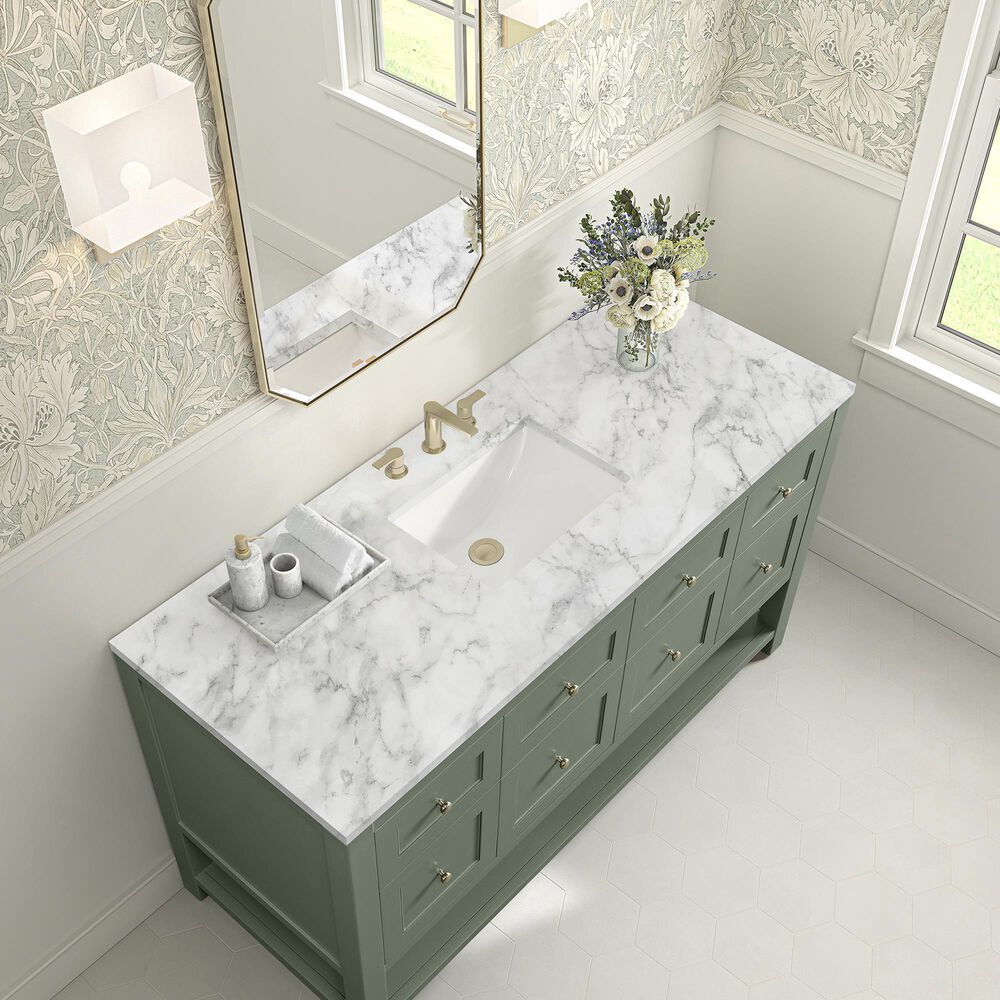 James Martin Vanities Breckenridge 60&quot; Single Bathroom Vanity in Smokey Celadon with 3 cm Carrara White Marble Top and Rectangular Sink, , large
