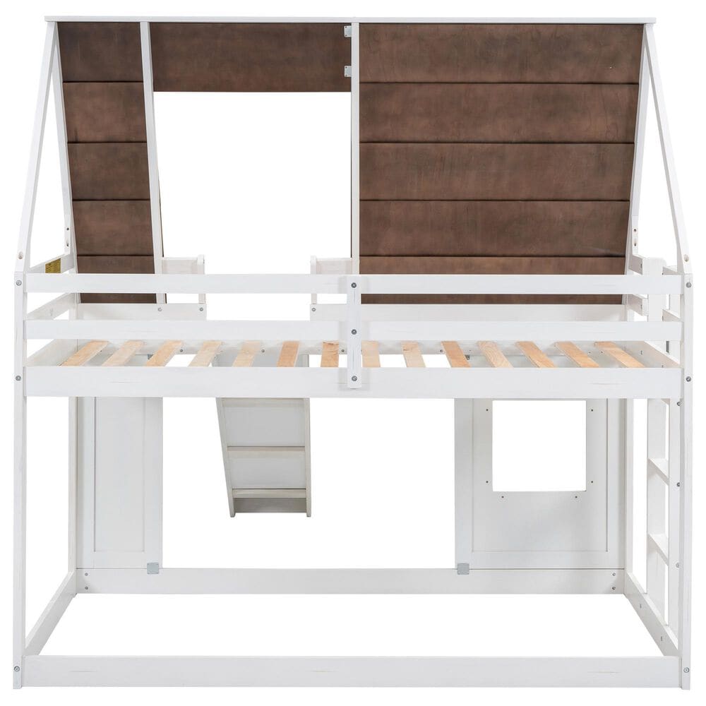 Hearth and Haven Twin over Twin House Bunk Bed with Roof in White and Brown, , large