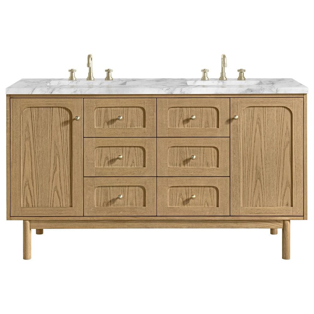 James Martin Vanities Laurent 60" Double Bathroom Vanity in Light Natural Oak with 3 cm Carrara White Marble Top and Rectangular Sinks, , large