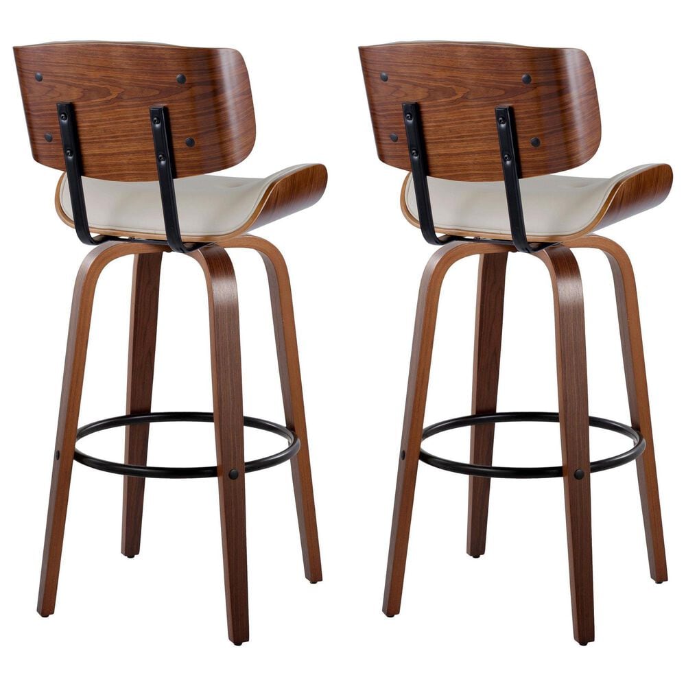 LumiSource Lombardi 30" Swivel Barstool with Cream Faux Leather Upholstery in Walnut and Black (Set of 2), , large