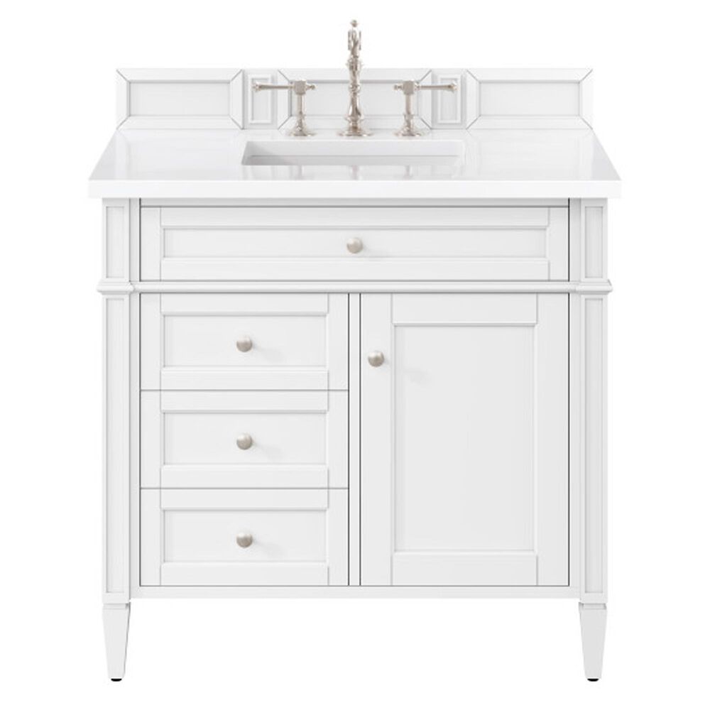 James Martin Brittany 36&quot; Single Bathroom Vanity in Bright White with 3 cm White Zeus Quartz Top and Rectangular Sink, , large