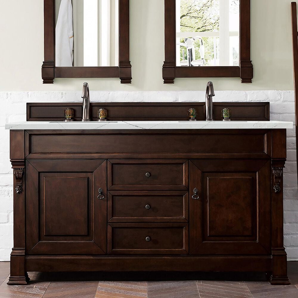 James Martin Vanities Brookfield 60&quot; Double Bathroom Vanity in Burnished Mahogany with 3 cm Ethereal Noctis Quartz Top and Rectangle Sinks, , large