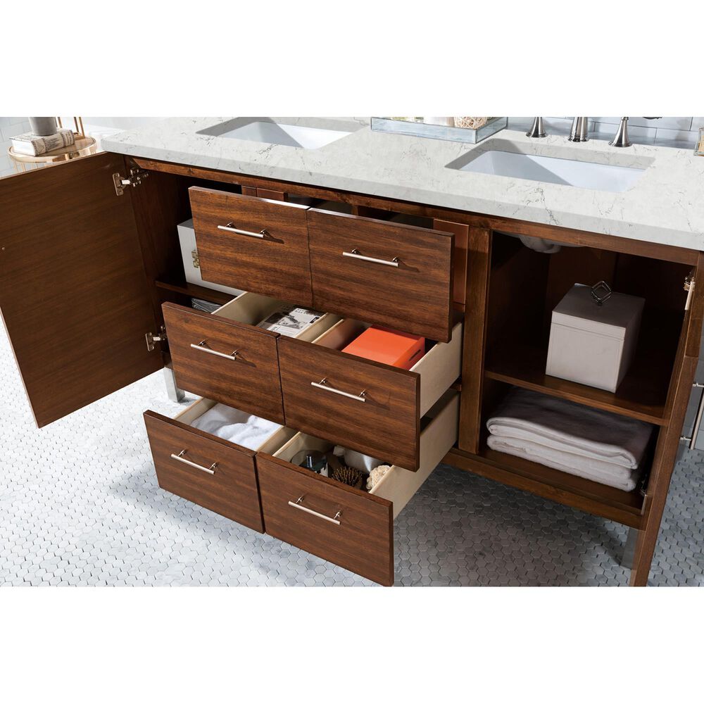 James Martin Vanities Metropolitan 60&quot; Double Bathroom Vanity in American Walnut with 3 cm Eternal Jasmine Pearl Quartz Top and Rectangular Sinks, , large