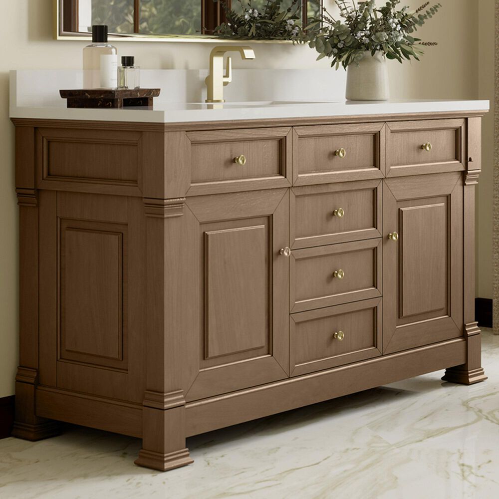 James Martin Vanities Brookfield 60&quot; Single Bathroom Vanity in Pecan with Single Hole 3 cm White Zeus Quartz Top and Rectangular Sink, , large