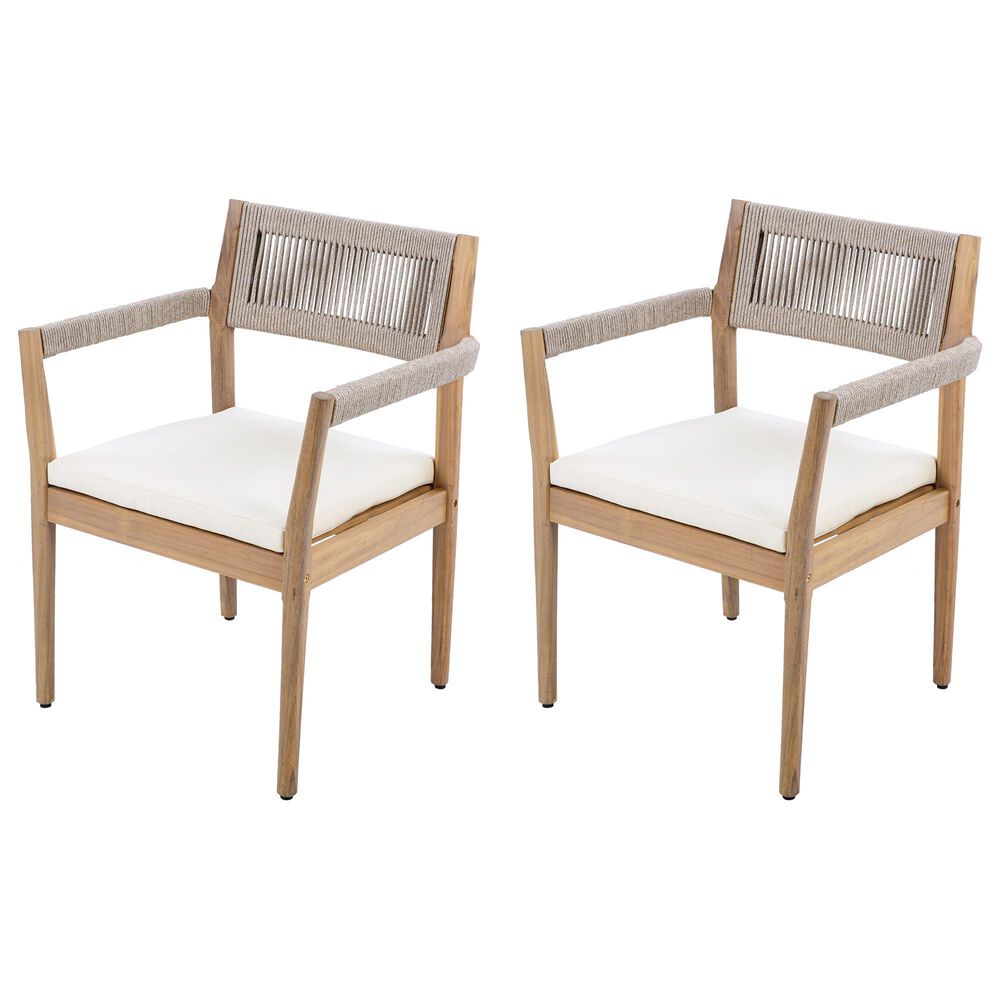 Hearth and Haven Outdoor Braided Acacia Wood Dining Chair in Cream (Set of 2), , large