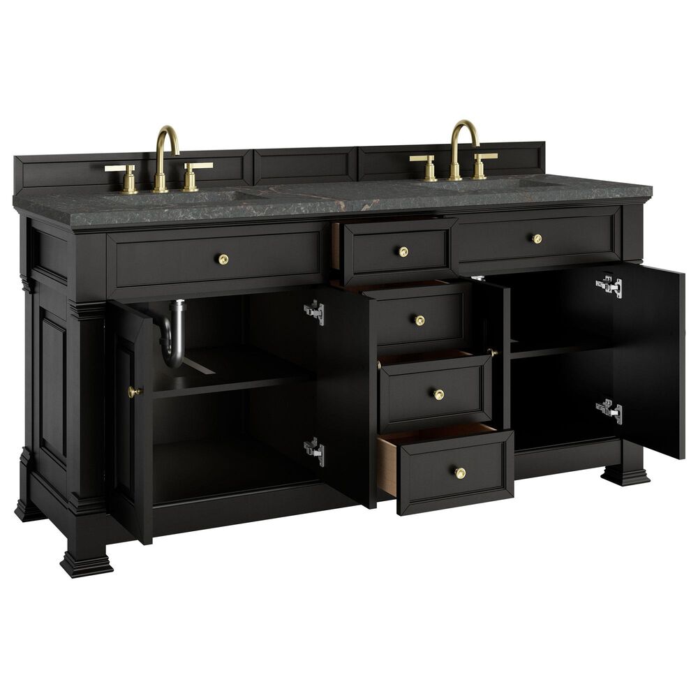 James Martin Vanities Brookfield 72" Double Bathroom Vanity in Black Onyx with 3cm Parisien Bleu Quartz Top and Rectangular Sinks, , large