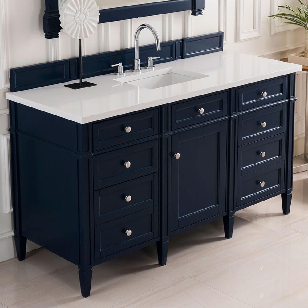 James Martin Vanities Brittany 60" Single Bathroom Vanity in Victory Blue with 3 cm White Zeus Quartz Top and Rectangular Sink, , large
