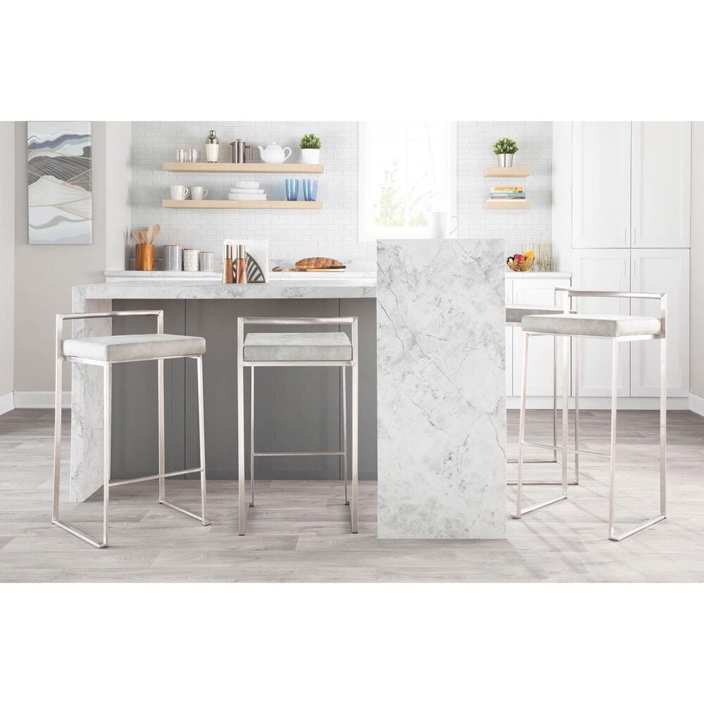 LumiSource Fuji 30" Stacker Bar Stool with Light Grey Cowboy Upholstery in Stainless Steel (Set of 2), , large