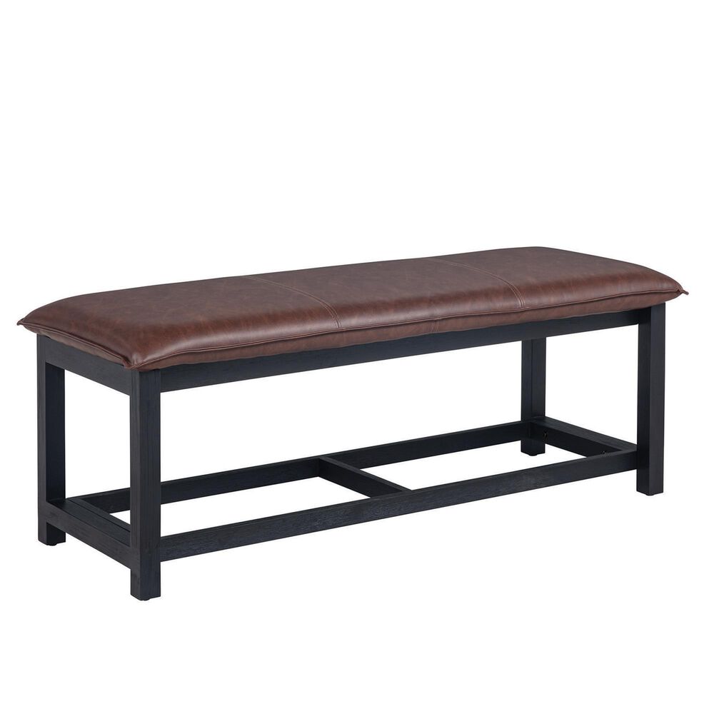 Linden Boulevard Modern Farmhouse Brown Wood and Black Faux Leather Bench, , large