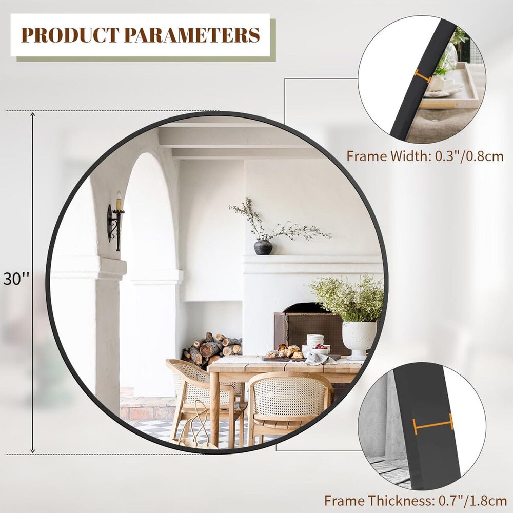 HOMLUX 30" Round Wall Mirror in Black, , large