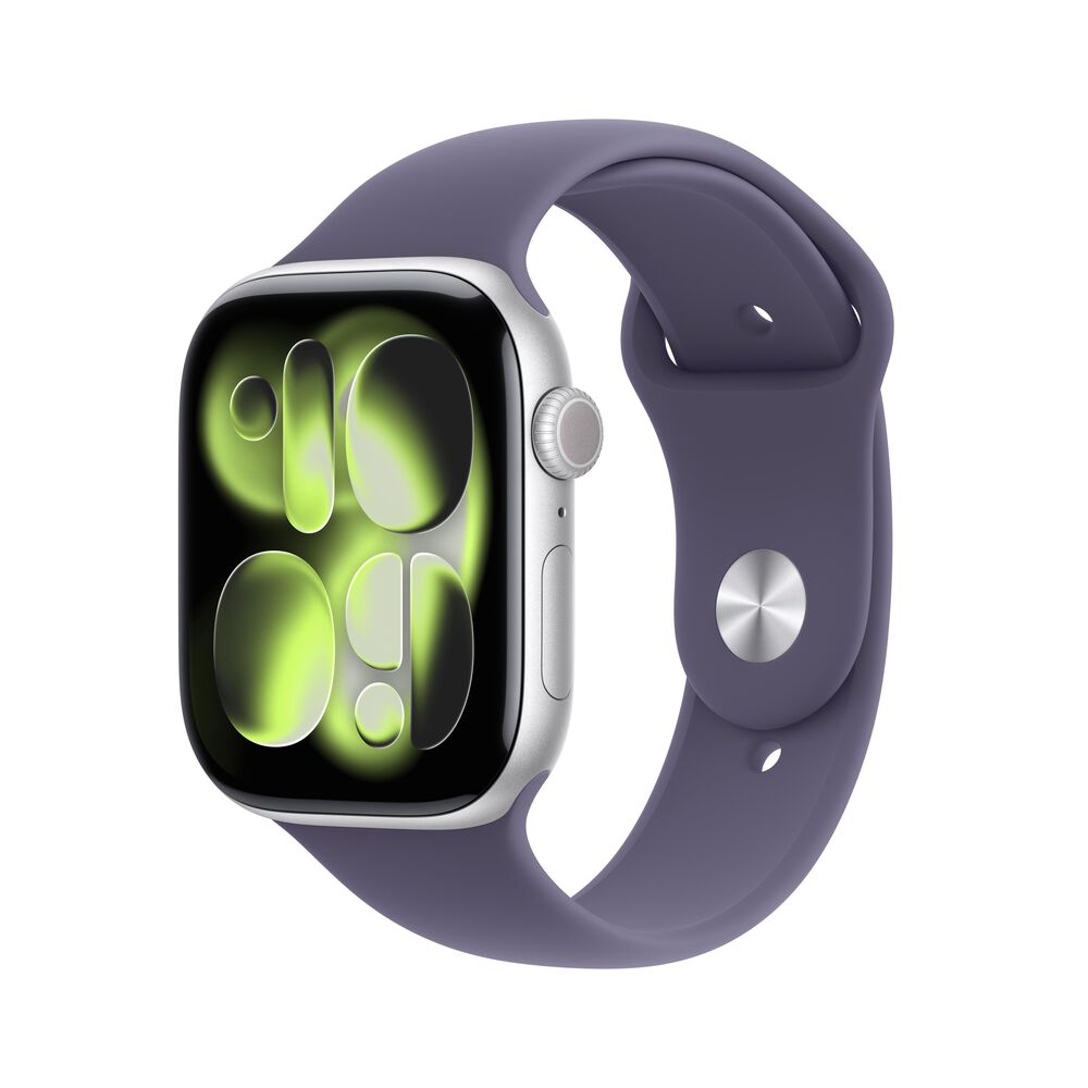 Apple Watch Series 11 (GPS) 46mm Silver Aluminum Case with Purple Fog Sport Band - M/L - Silver - (2025), , large