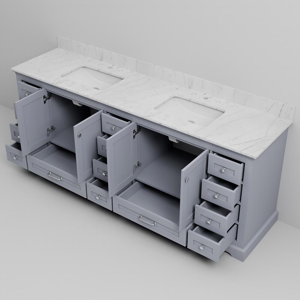 Lexora Home Dukes 84" Double Bathroom Vanity in Dark grey with 2 cm White Carrara Marble Top and Rectangular Sinks, , large