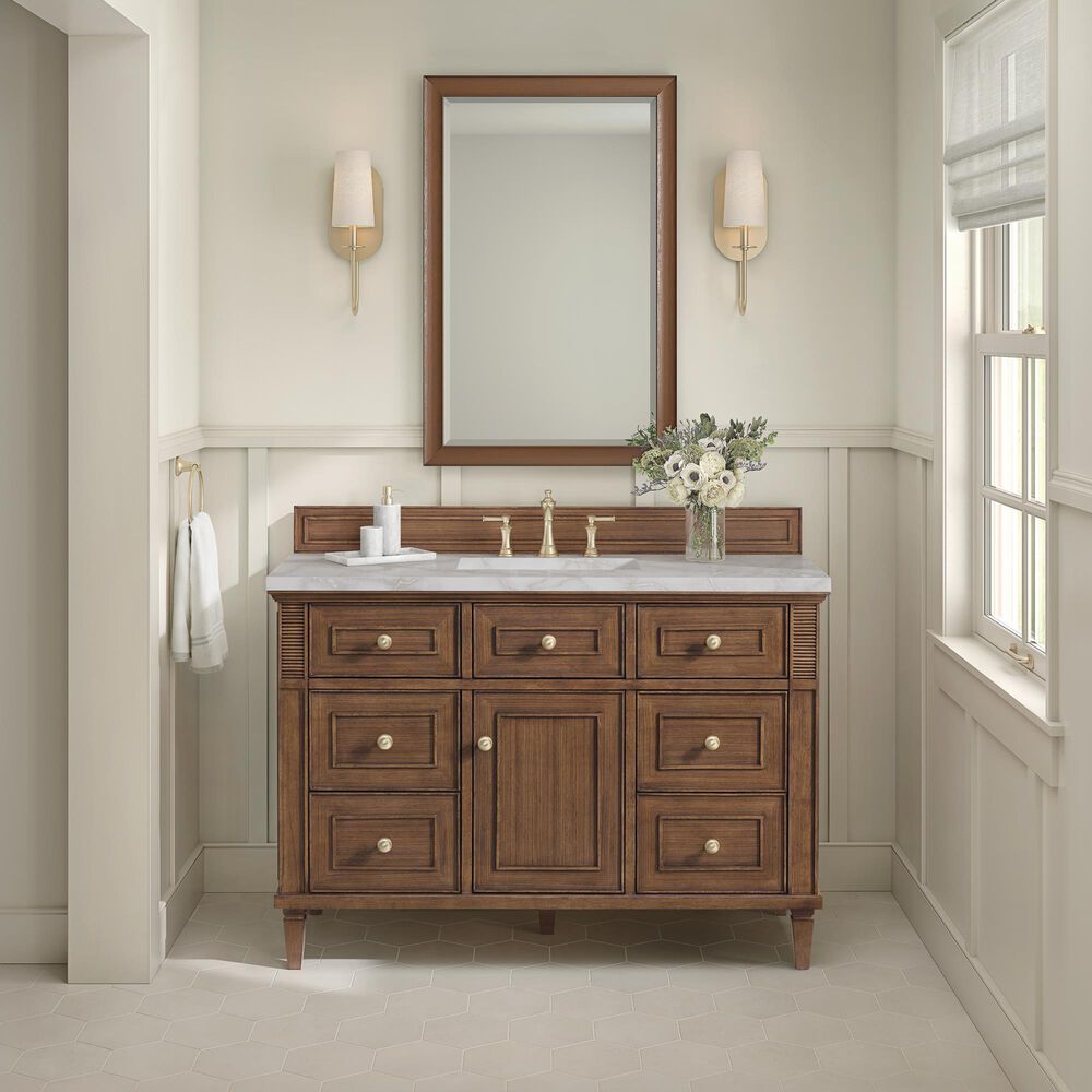 James Martin Vanities Lorelai 48" Single Bathroom Vanity in Mid-Century Walnut with 3 cm Eternal Jasmine Pearl Silestone Top, Rectangular Sink and FreePower Wireless Charger, , large
