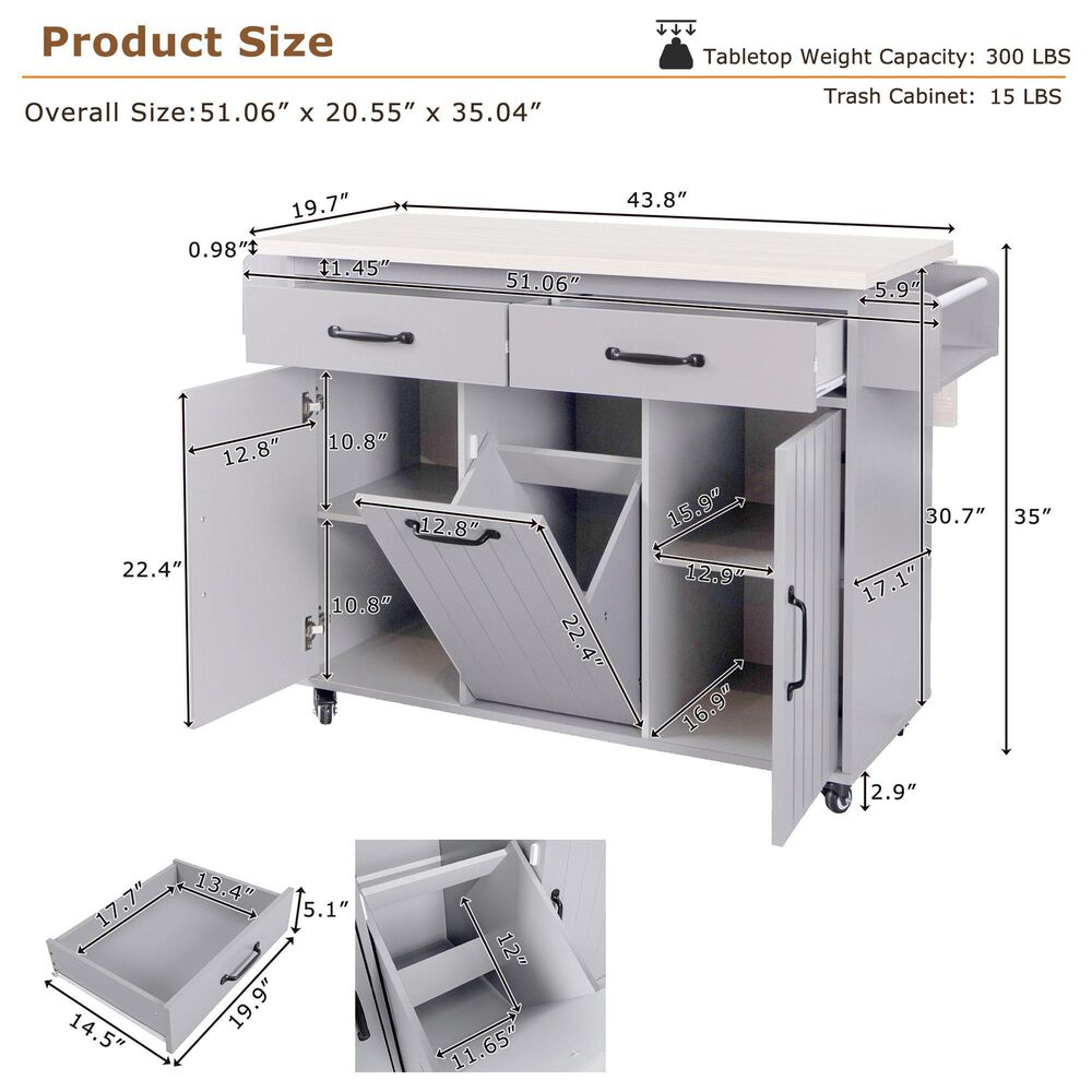 HOMLUX 51" Kitchen Island with Trash Can Storage Cabinet in Grey, , large