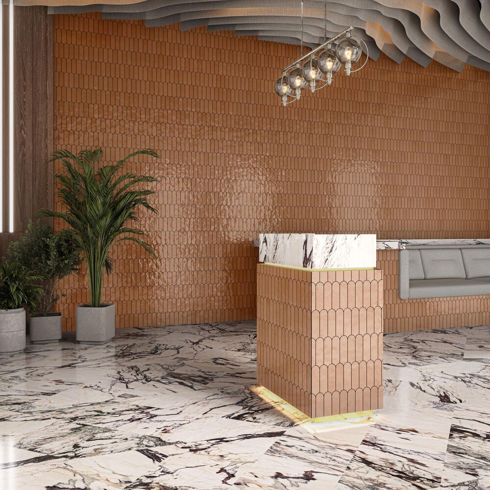 Dal-Tile Artefino Vintage Morganite 2" x 6" Fish Scale on 12" x 13" Porcelain Mosaic Sheet, , large