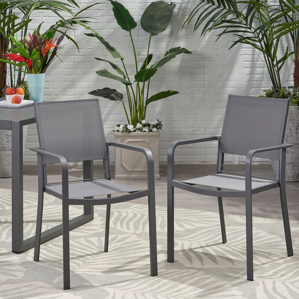Hearth and Haven Outdoor Modern Aluminum Dining Chair with Mesh Seat in Dark Gray &#40;Set of 2&#41;, , large