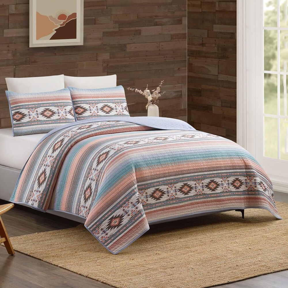 Peking Handicraft Sunset Canyon 3-Piece Full/Queen Quilt Set in Rich Brown, Blue and Coral, , large