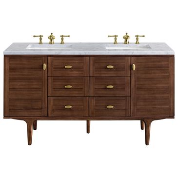 James Martin Amberly 60" Double Bathroom Vanity in Walnut with 3 cm Carrara White Marble Top and Rectangular Sinks, , large