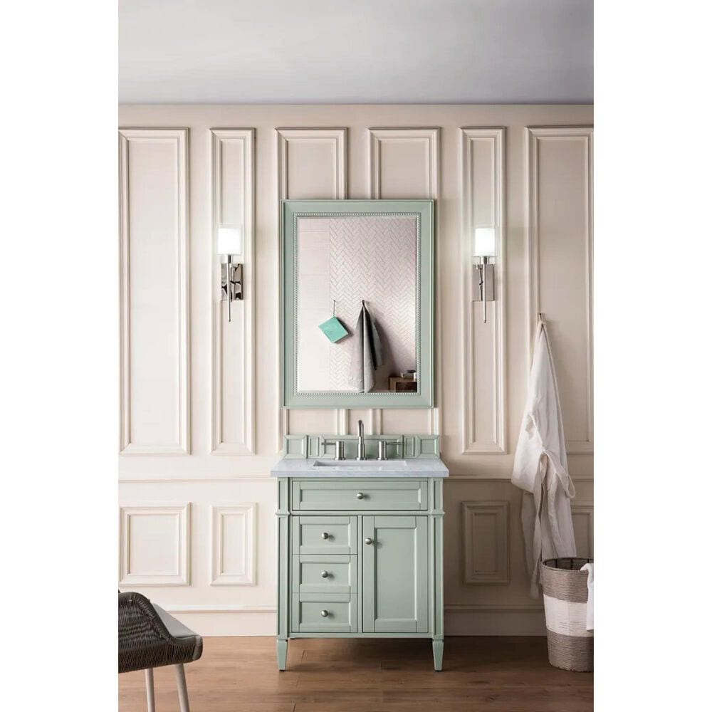 James Martin Vanities Brittany 30&quot; Single Bathroom Vanity in Sage Green with 3 cm Carrara White Marble Top and Rectangle Sink, , large