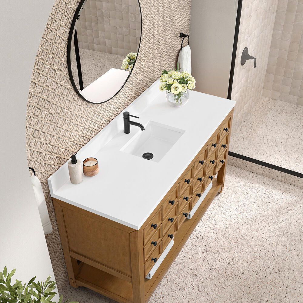 James Martin Malibu 60&quot; Single Bathroom Vanity in Amber Birch with Single Hole 3 cm White Zeus Quartz Top and Rectangular Sink, , large