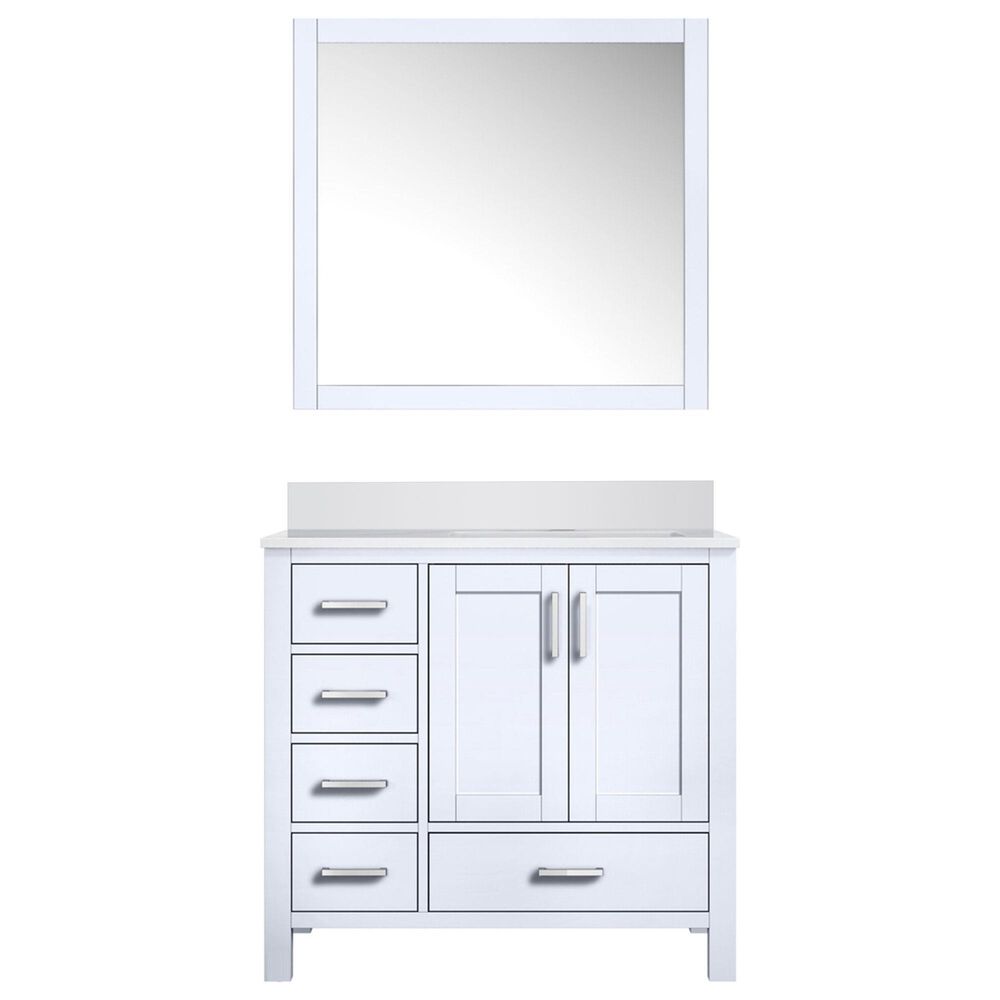 Lexora Home Jacques 36" Right Offset Single Bathroom Vanity in Distressed Grey with 2 cm White Quartz Top, Rectangular Sink and 34" Mirror, , large