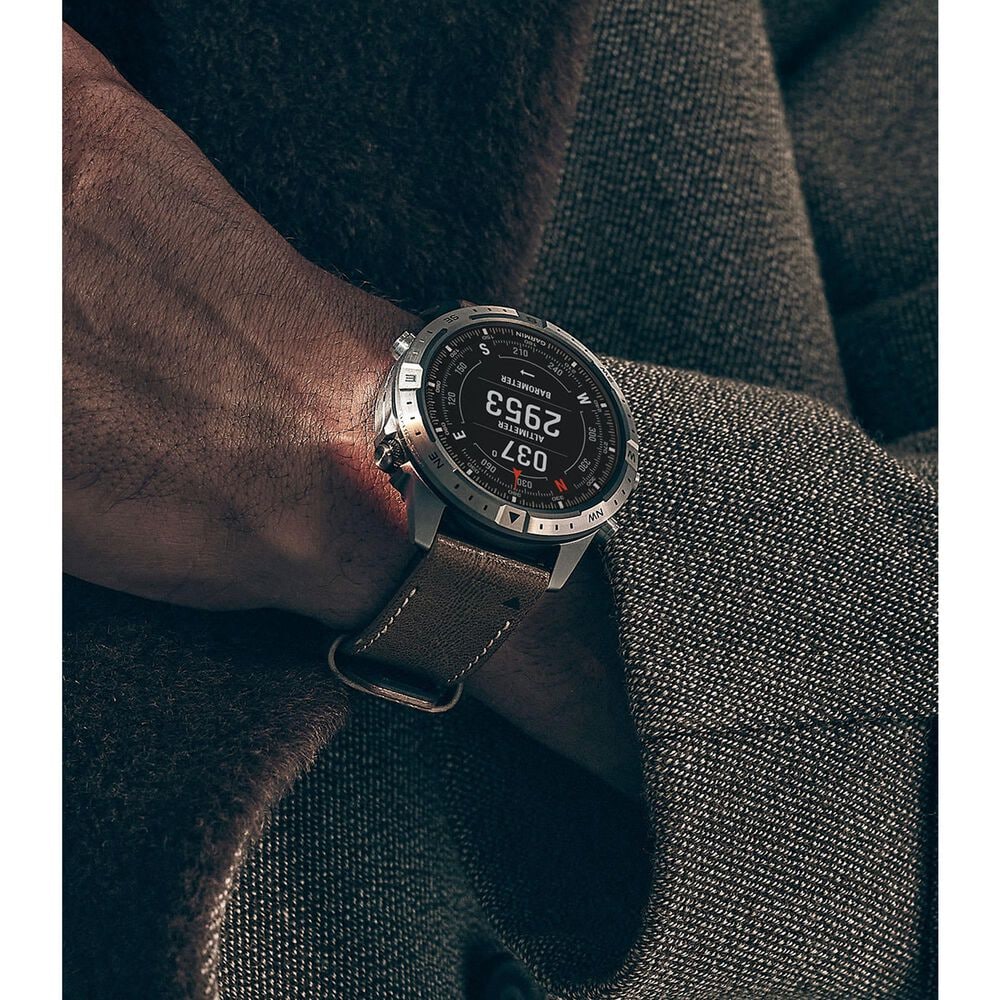 Garmin MARQ 2 Adventurer AMOLED Smartwatch Silver Grade 5 Titanium Bezel Case with Brown Leather Band, , large
