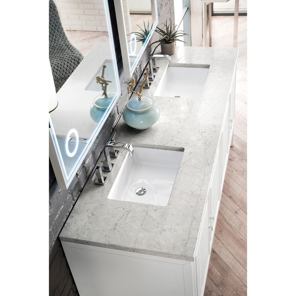 James Martin Vanities Athens 72&quot; Double Bathroom Vanity in Glossy White with 3 cm Eternal Jasmine Pearl Quartz Top and Rectangular Sinks, , large