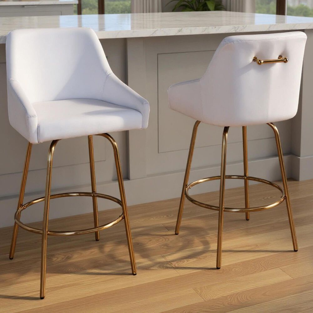 LumiSource Hannah Swivel Counter Stool with White Faux Leather Upholstery in Gold (Set of 2), , large