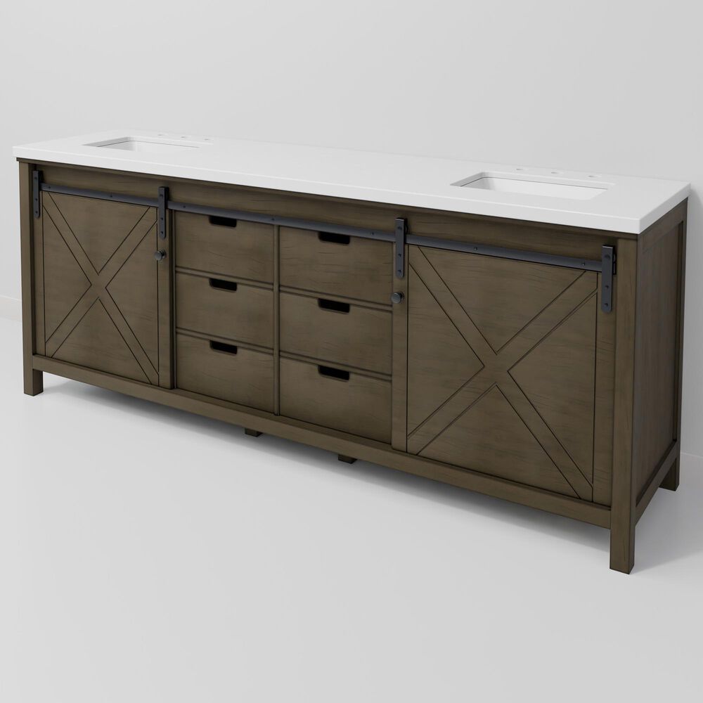 Lexora Home Marsyas 84" Double Bathroom Vanity in Rustic Brown with White Quartz Top and Rectangular Sinks, , large