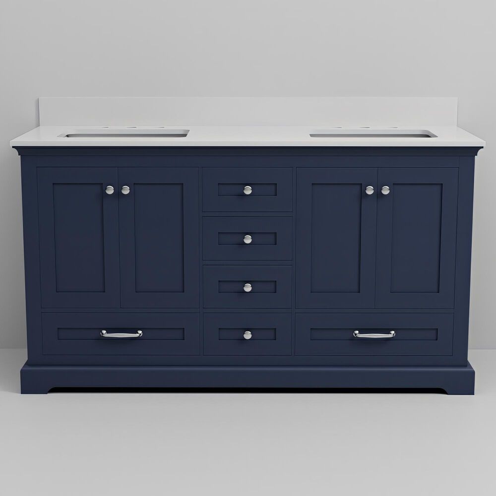 Lexora Home Dukes 60" Double Bathroom Vanity in Navy Blue with 2 cm White Quartz Top and Rectangular Sinks, , large