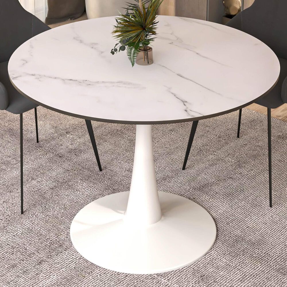 Leisuremod Leisuremod Bristol 40 round dining table White base with marbled MDF top, , large