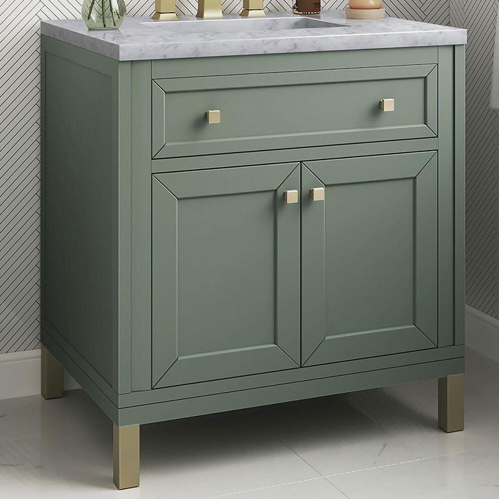 James Martin Vanities Chicago 30&quot; Single Bathroom Vanity in Smokey Celadon with 3 cm Carrara White Marble Top and Rectangular Sink, , large